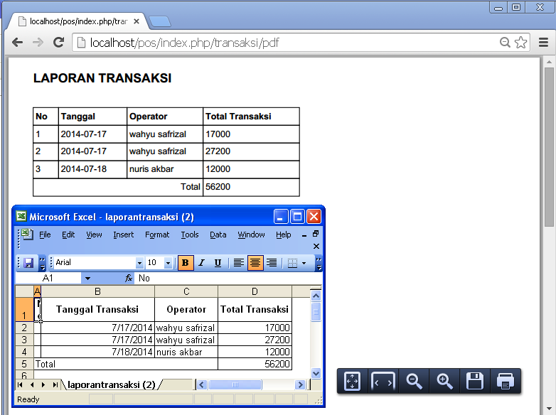 screenshoot proses cetak laporan transaksi ke pdf dan excel
