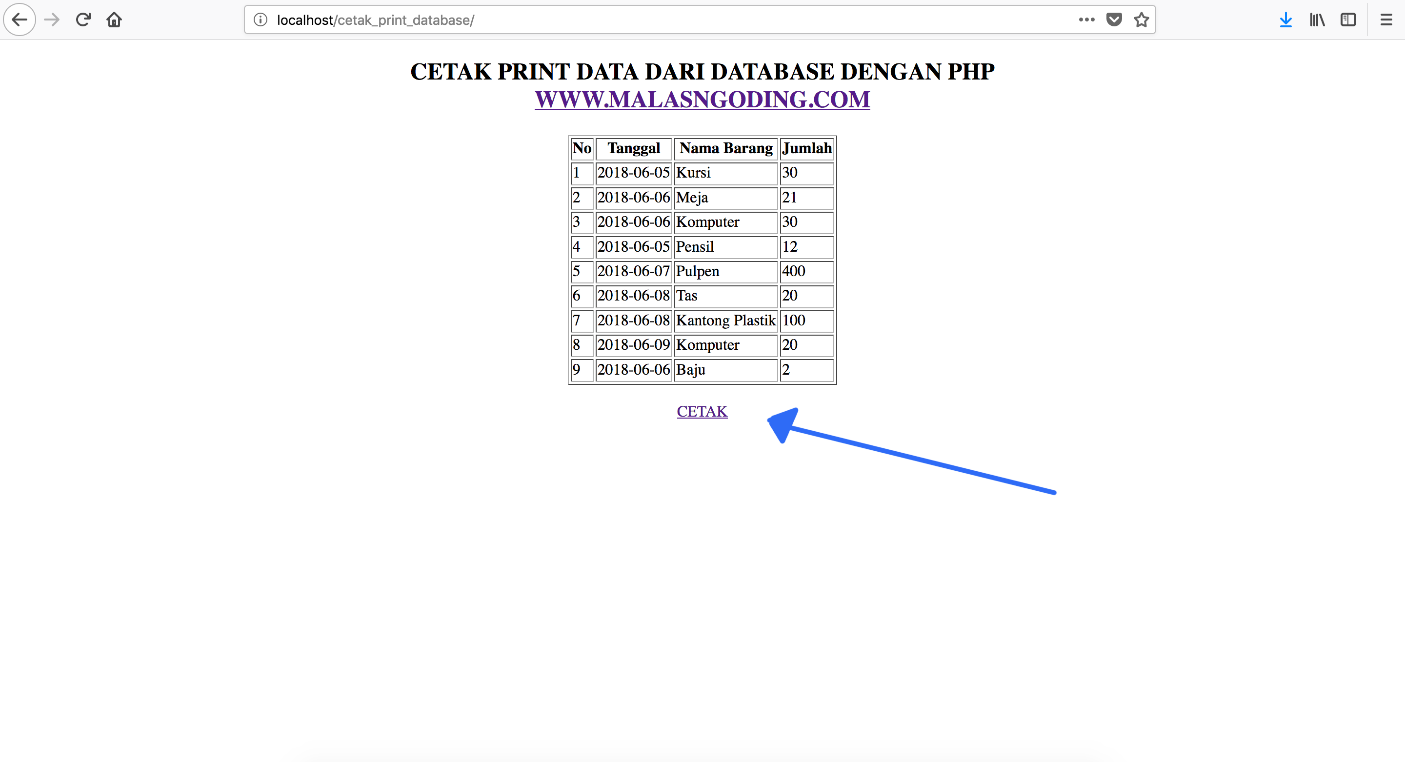 membuat cetak print laporan data dari database dengan php