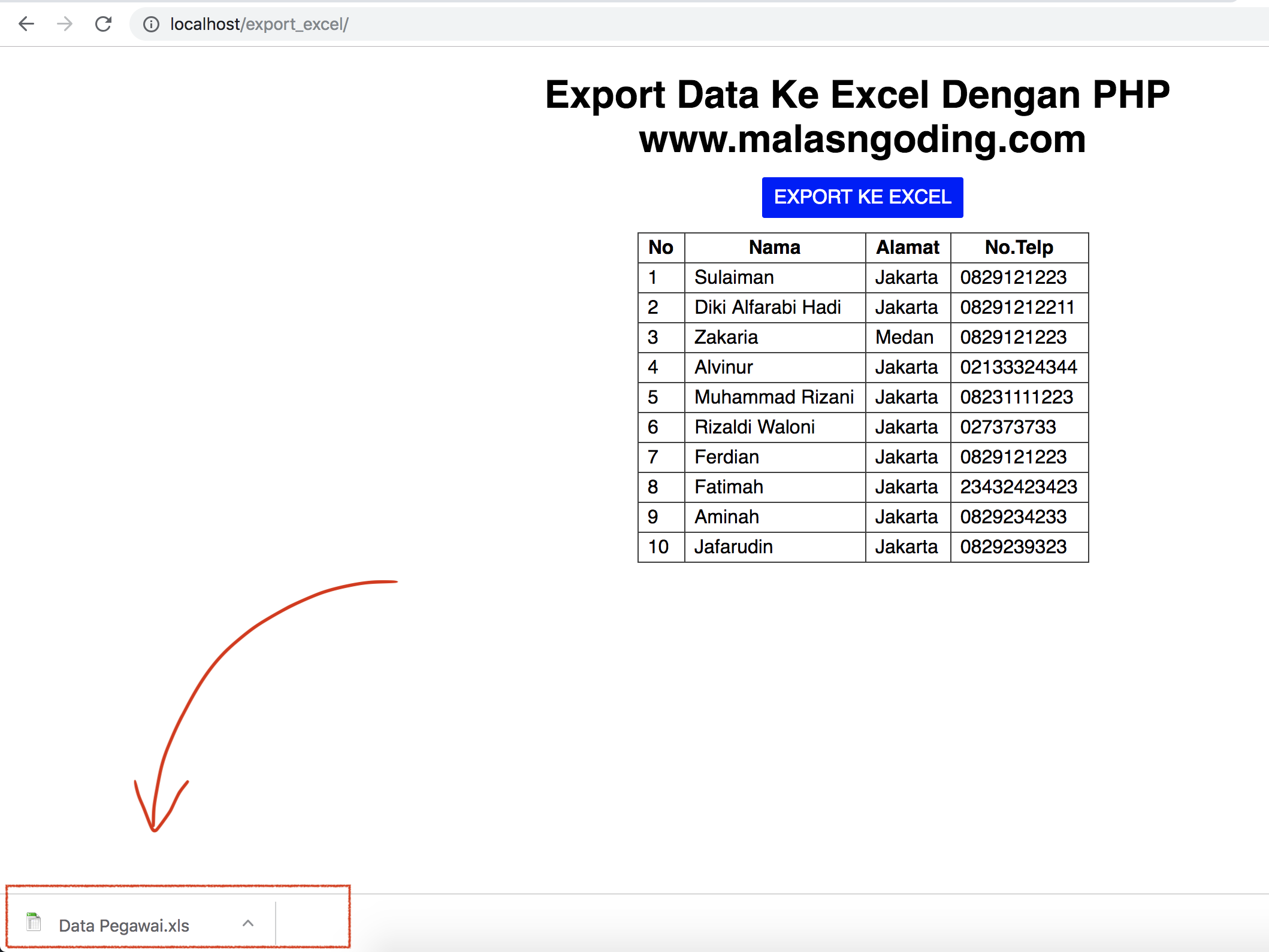php export to excel