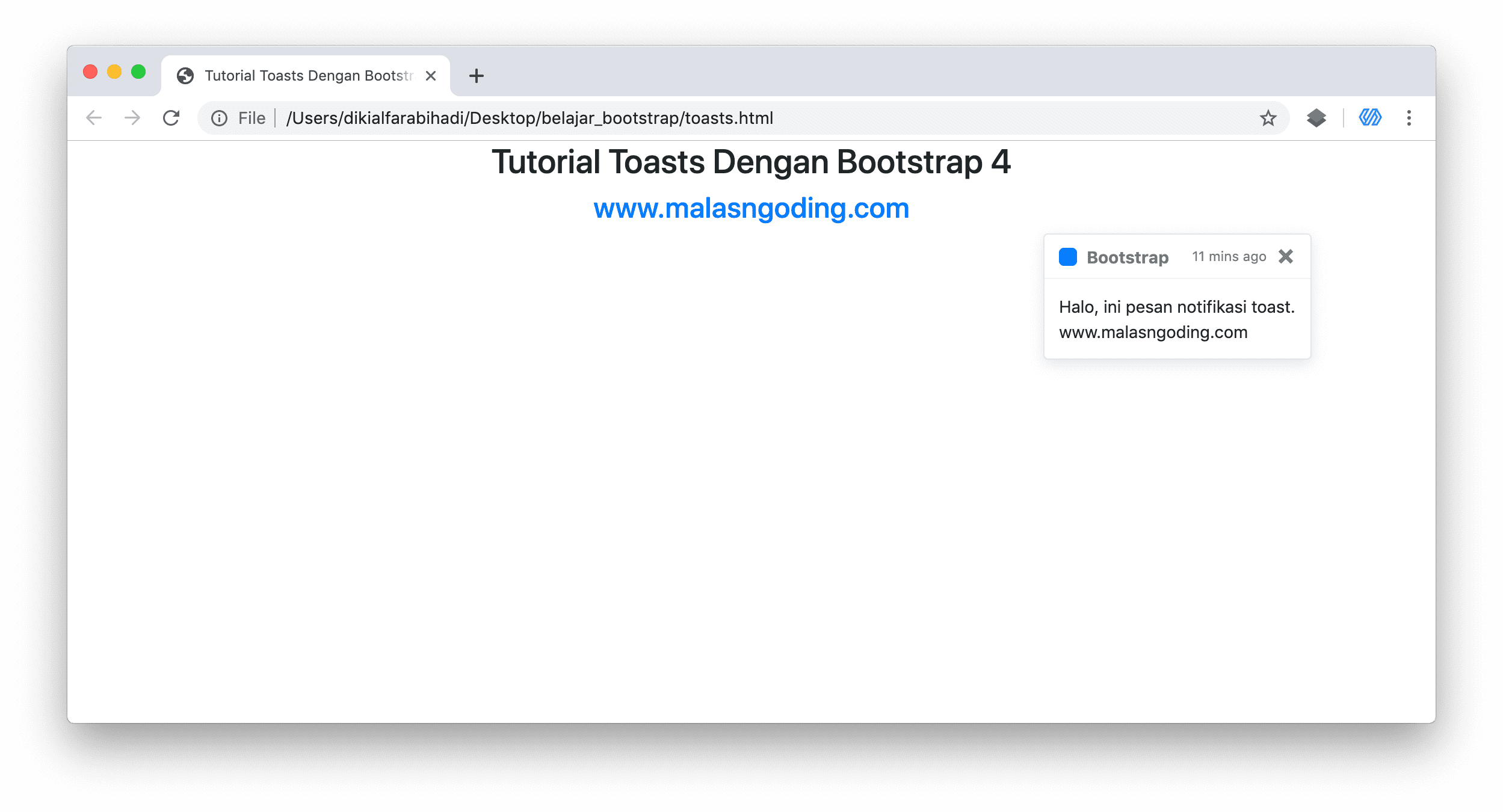 posisi pesan notifikasi toast bootstrap