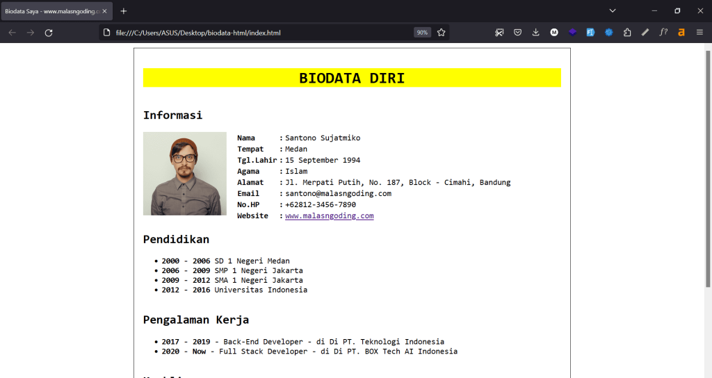 Contoh Coding HTML Website Biodata